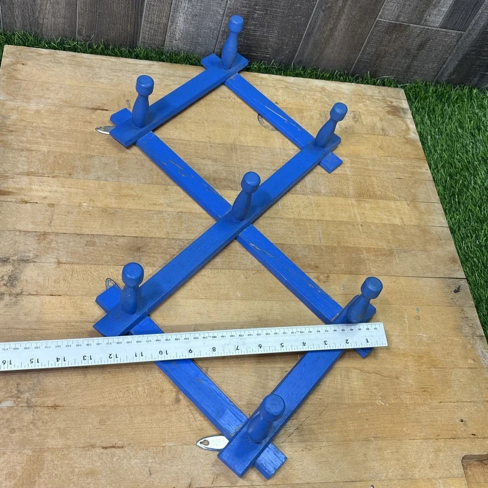 Vintage Blue Wooden Accordion Wall Rack Expandable Peg Coat Hat Decor Rustic